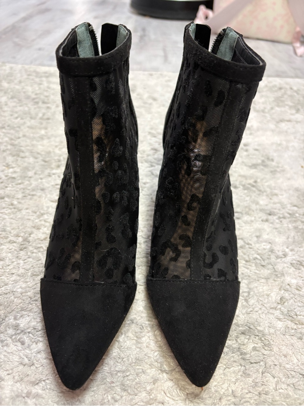 Black Mesh Leopard-Print Pointed-Toe Ankle Boot